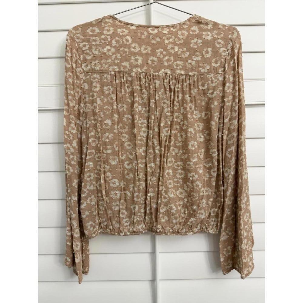 Altar'd State Soft Peach Open Tie Front Pink Flocked Wrap-Around Blouse - Picture 6 of 6
